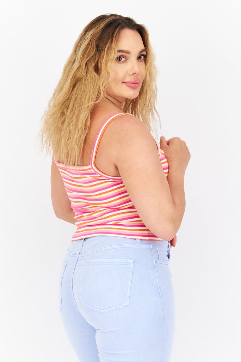 Misfit Women Square Neck Sleeveless Stripe Tank Top, Pink Combo - Image 2